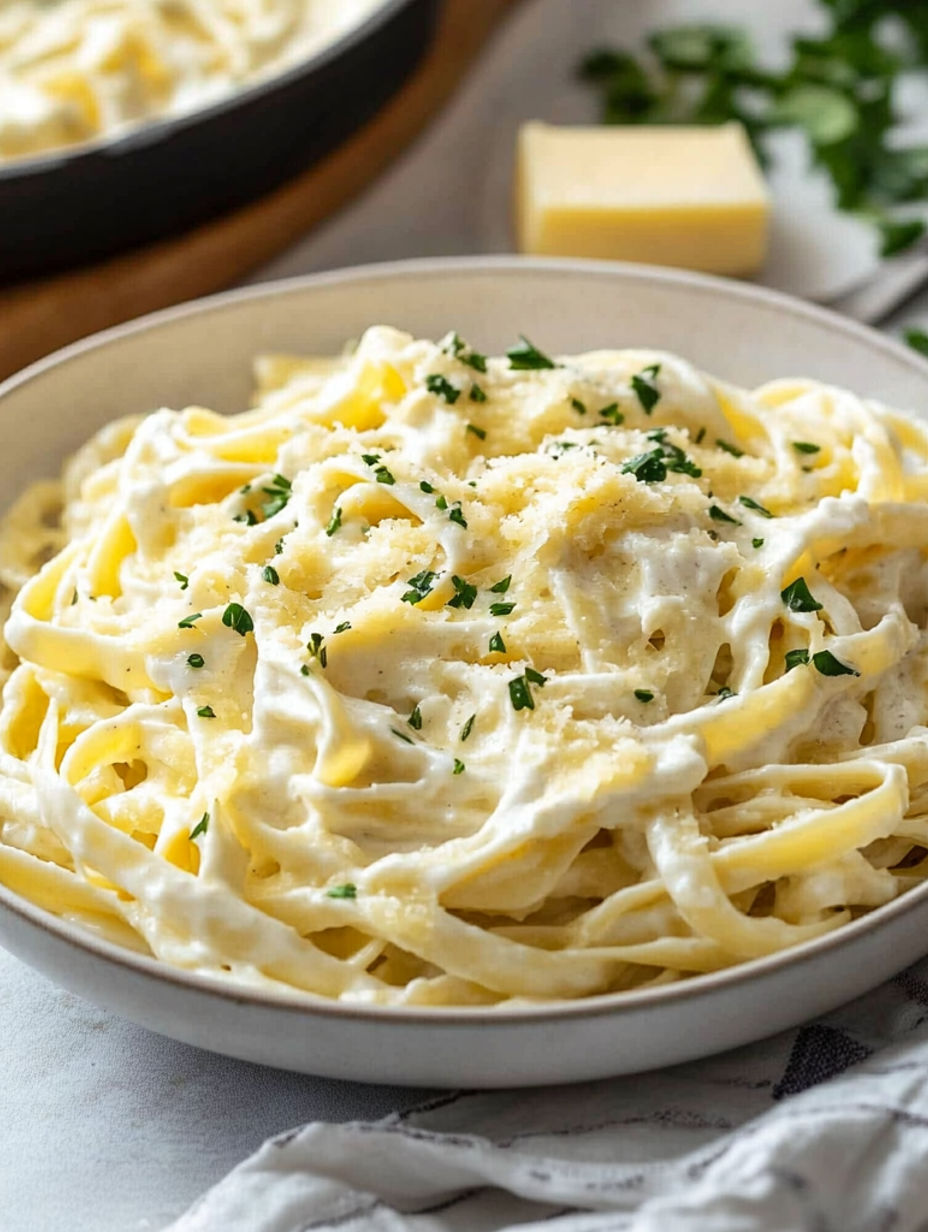 Eine Schüssel Pasta mit Käse und Kräutern.