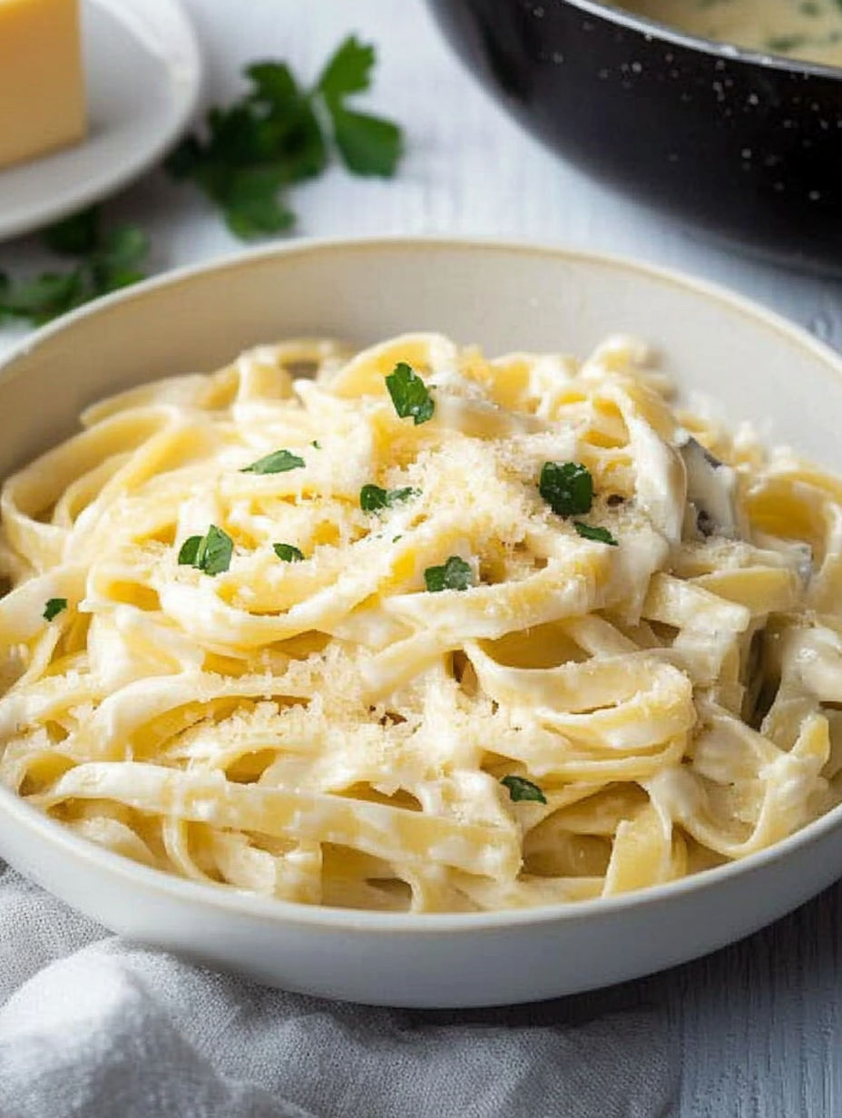 Eine Schüssel Pasta mit Käse und Kräutern.