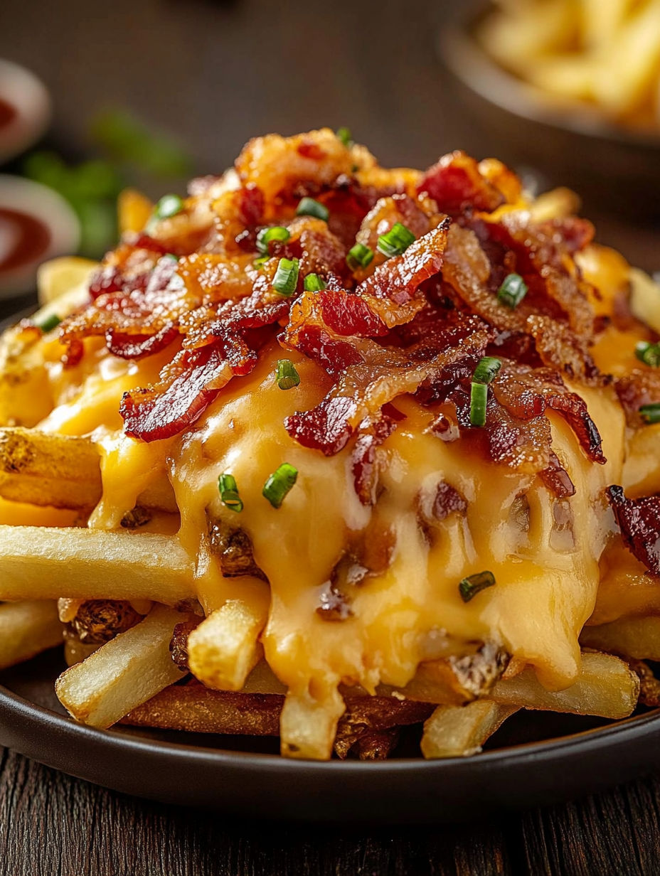 Ein Teller mit Bacon-Käse-Pommes.