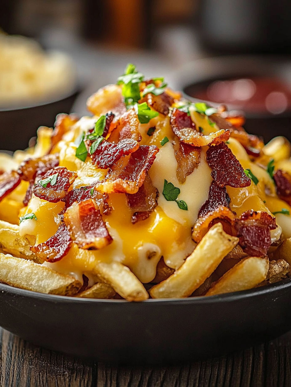 Ein Teller mit Bacon und Käse belegten Pommes.