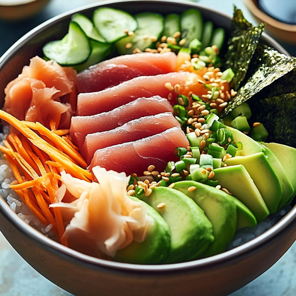 Eine Schale Sushi mit verschiedenen Zutaten.