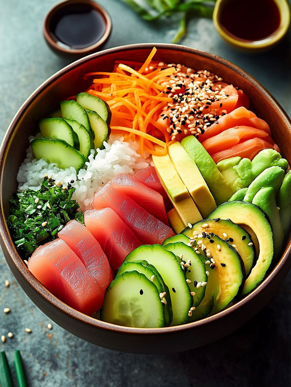Eine Bowl mit Sushi und verschiedenen Zutaten.