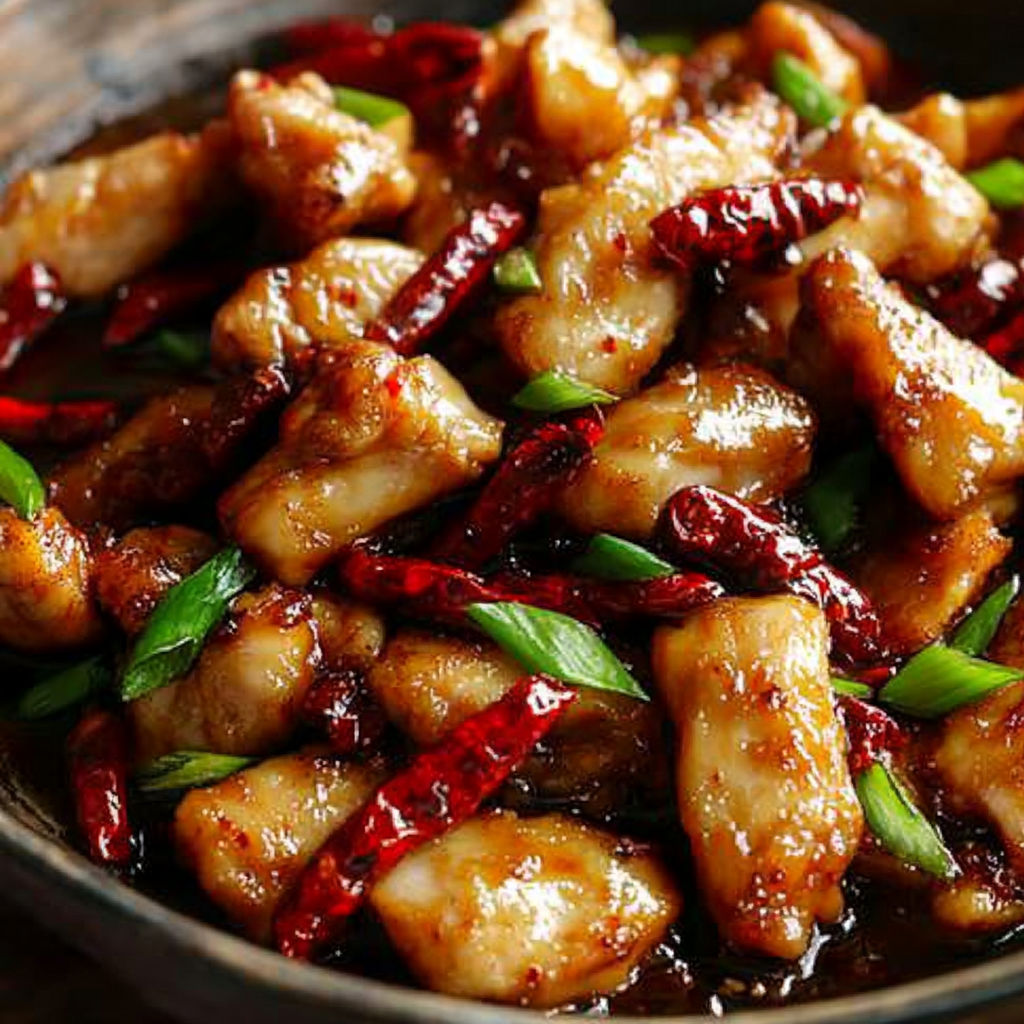 Eine Schüssel Szechuan Huhn mit roten Paprika.