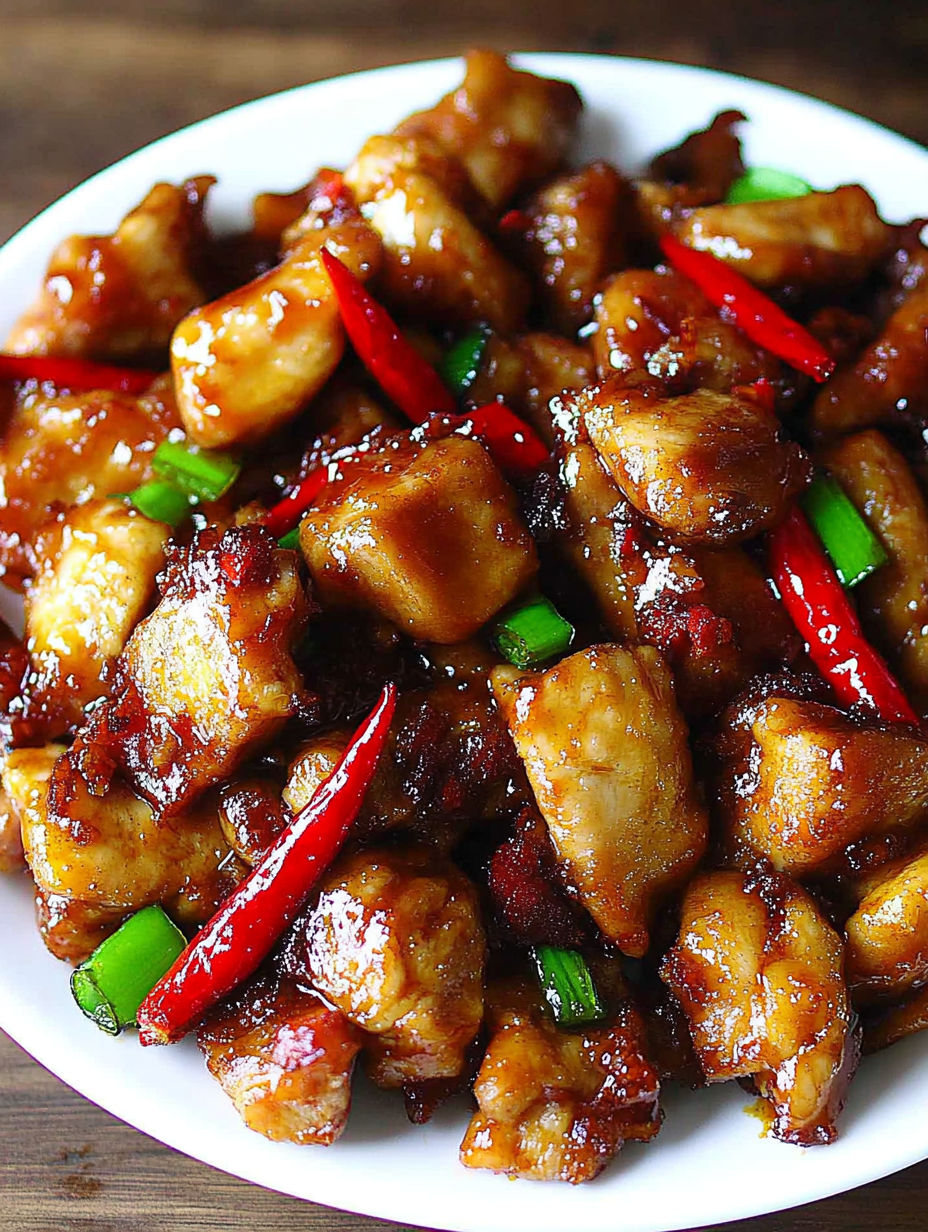 Ein Teller mit Hühnchen und Paprika.