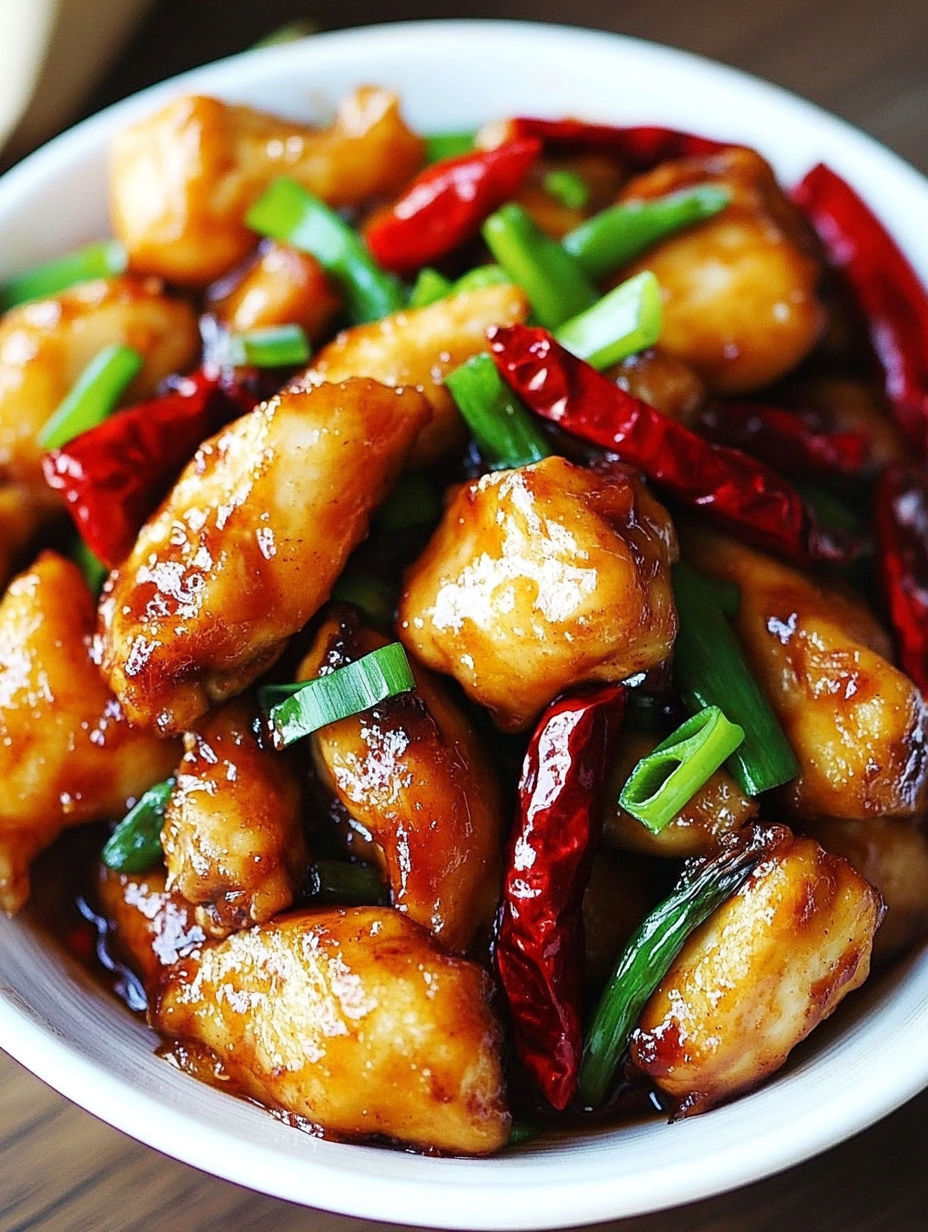 Eine Schüssel mit Hühnchen und Paprika.