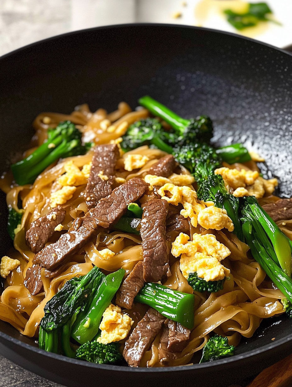 Eine Schüssel Pad See Ew mit Brokkoli und Fleisch.