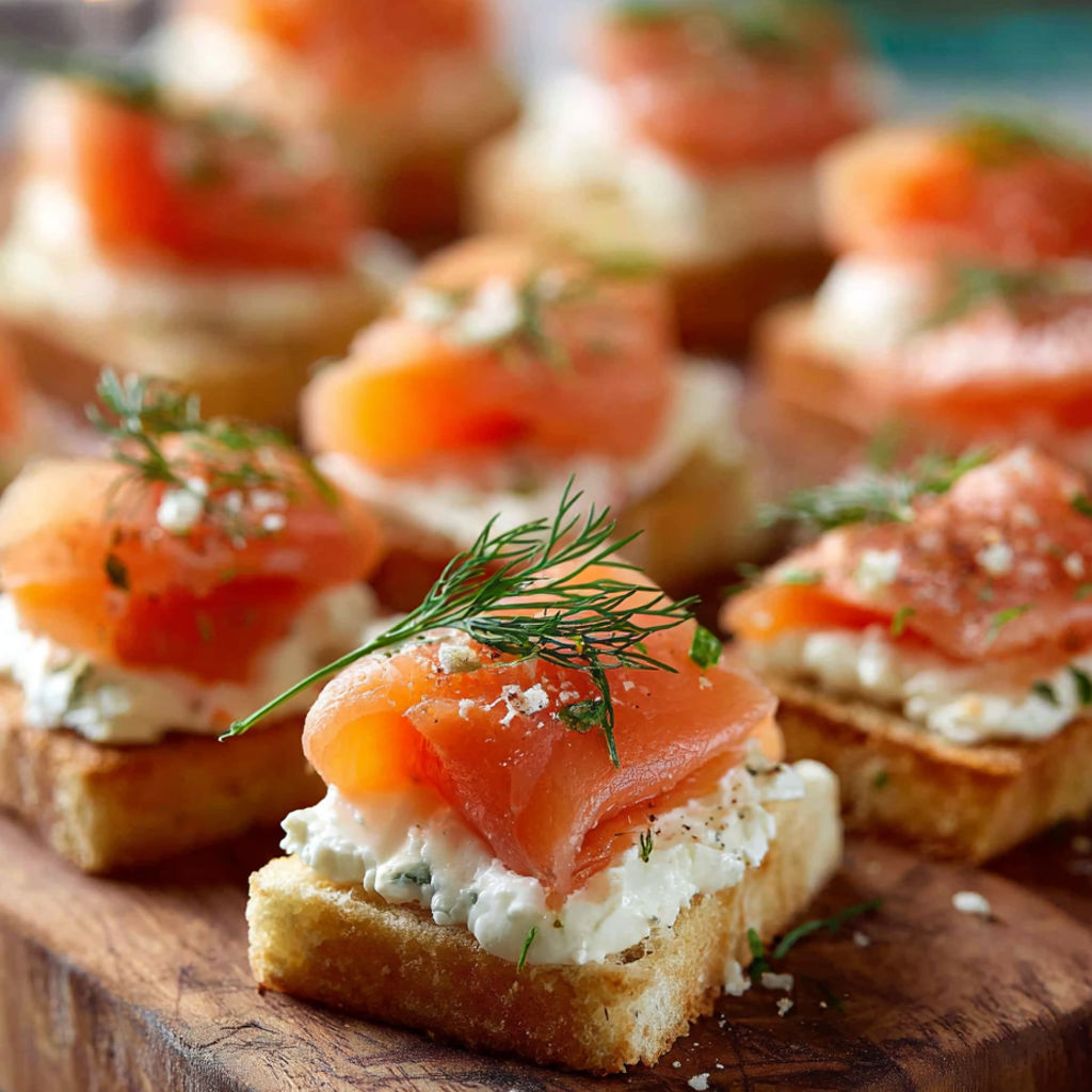 Ein Teller mit geräucherten Lachshappen.