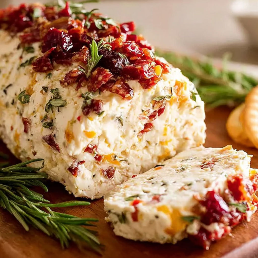 Ein Stück italienischer Käse Laib mit roten Paprika und Kräutern.