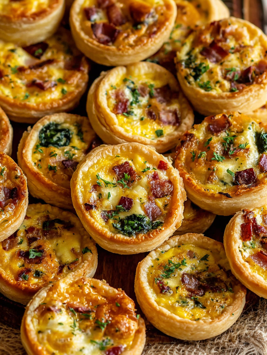 Ein Teller mit Mini-Quiches mit verschiedenen Toppings.