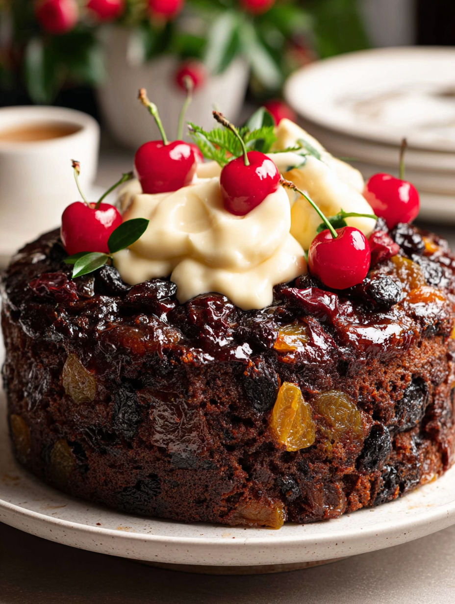 Ein feuchter Früchtekuchen mit weißem Frosting und Kirschen obendrauf.