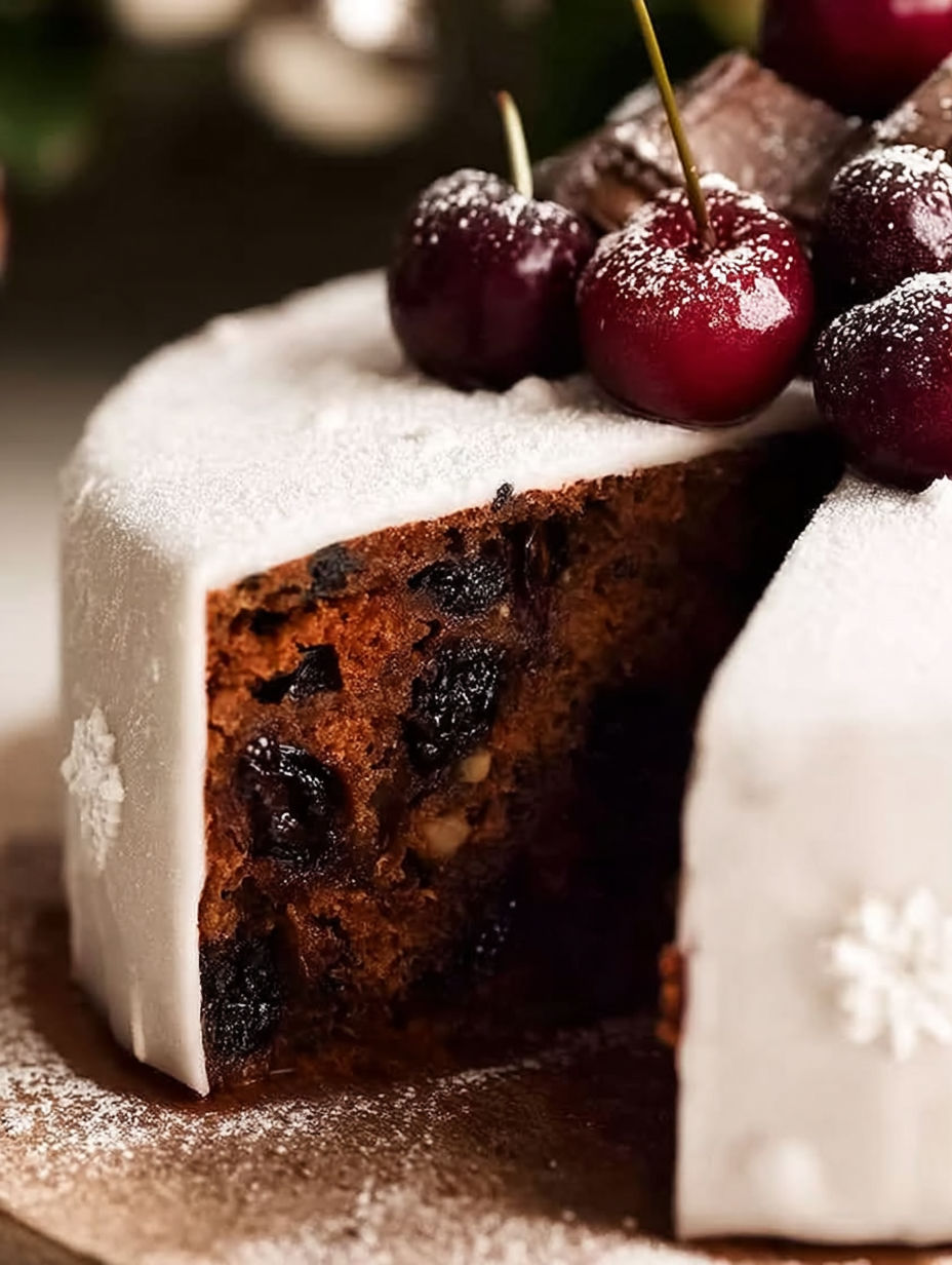Ein Stück von einem feuchten Früchtekuchen mit Kirschen obendrauf.