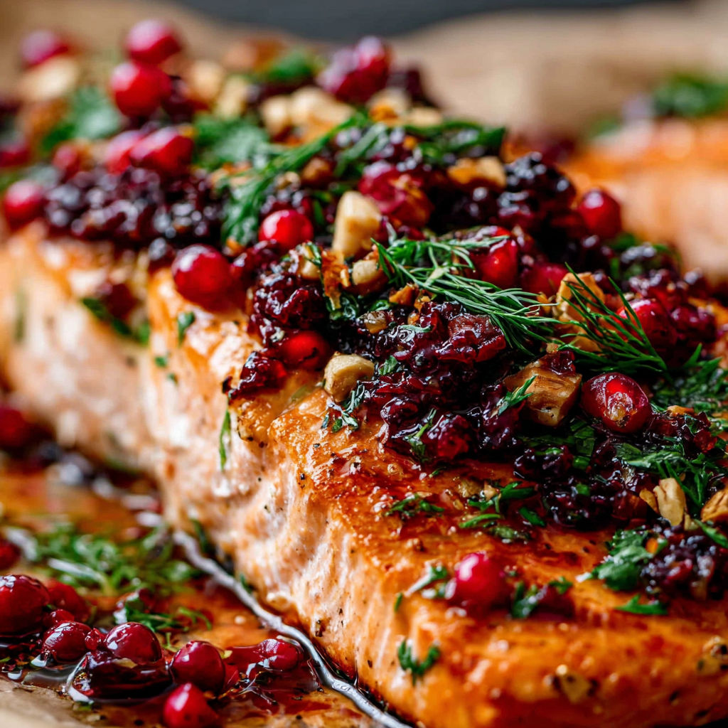 Eine Nahaufnahme von einem Stück Lachs mit Soße und garniert mit Preiselbeeren.