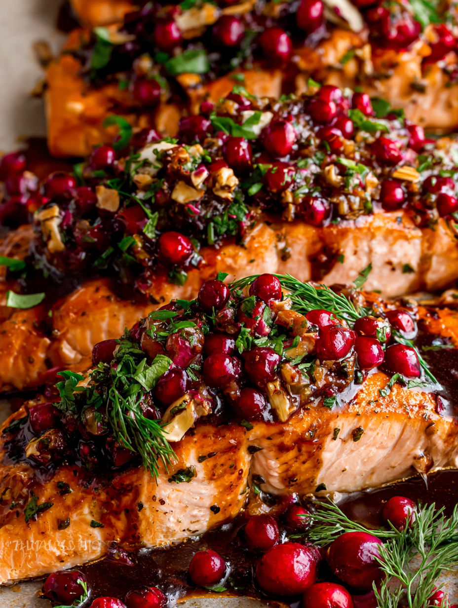 Eine Nahaufnahme eines Lachsstücks mit Sauce obendrauf.