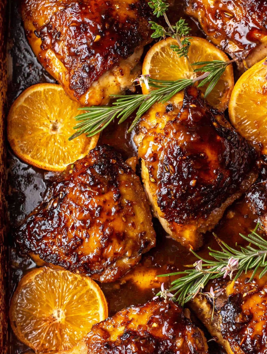 Ein Blech mit glasuriertem Hühnchen und Orangen.