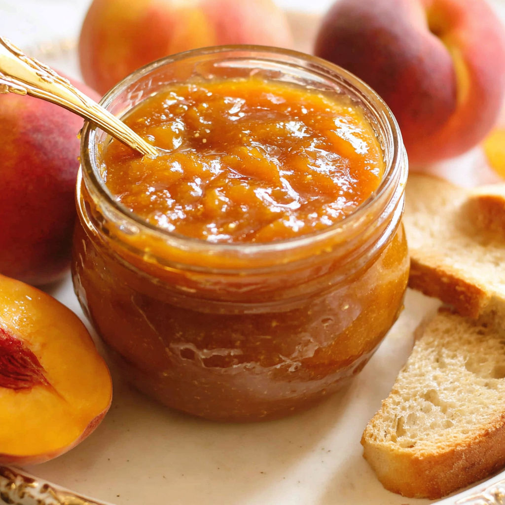 Ein Glas Pfirsichbutter steht auf einem Teller mit Pfirsichen.