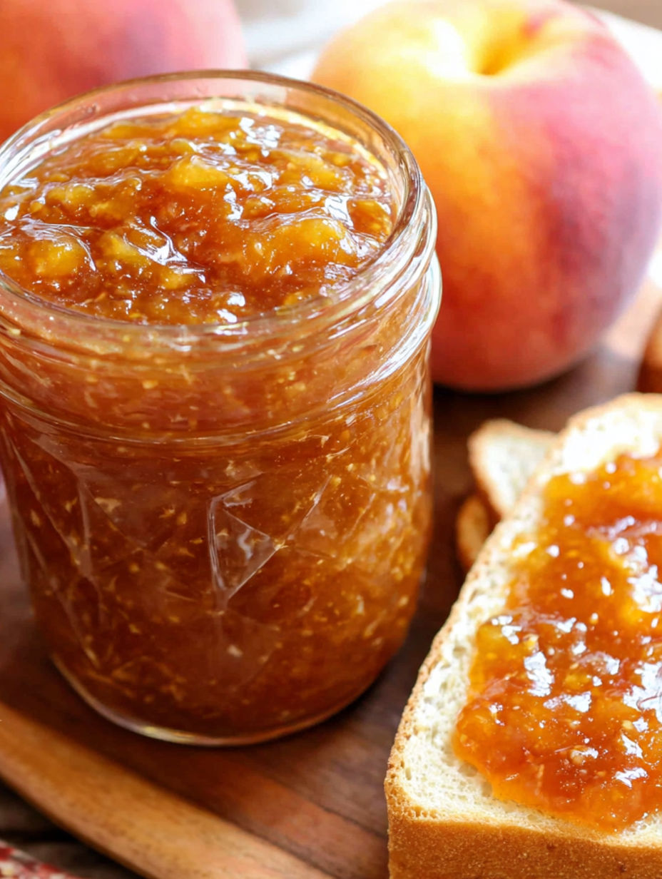 Ein Glas Pfirsichmarmelade auf einem Holztablett.