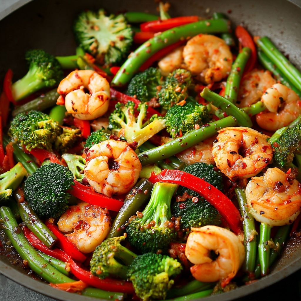 Eine Pfanne mit Garnelen und Gemüse.