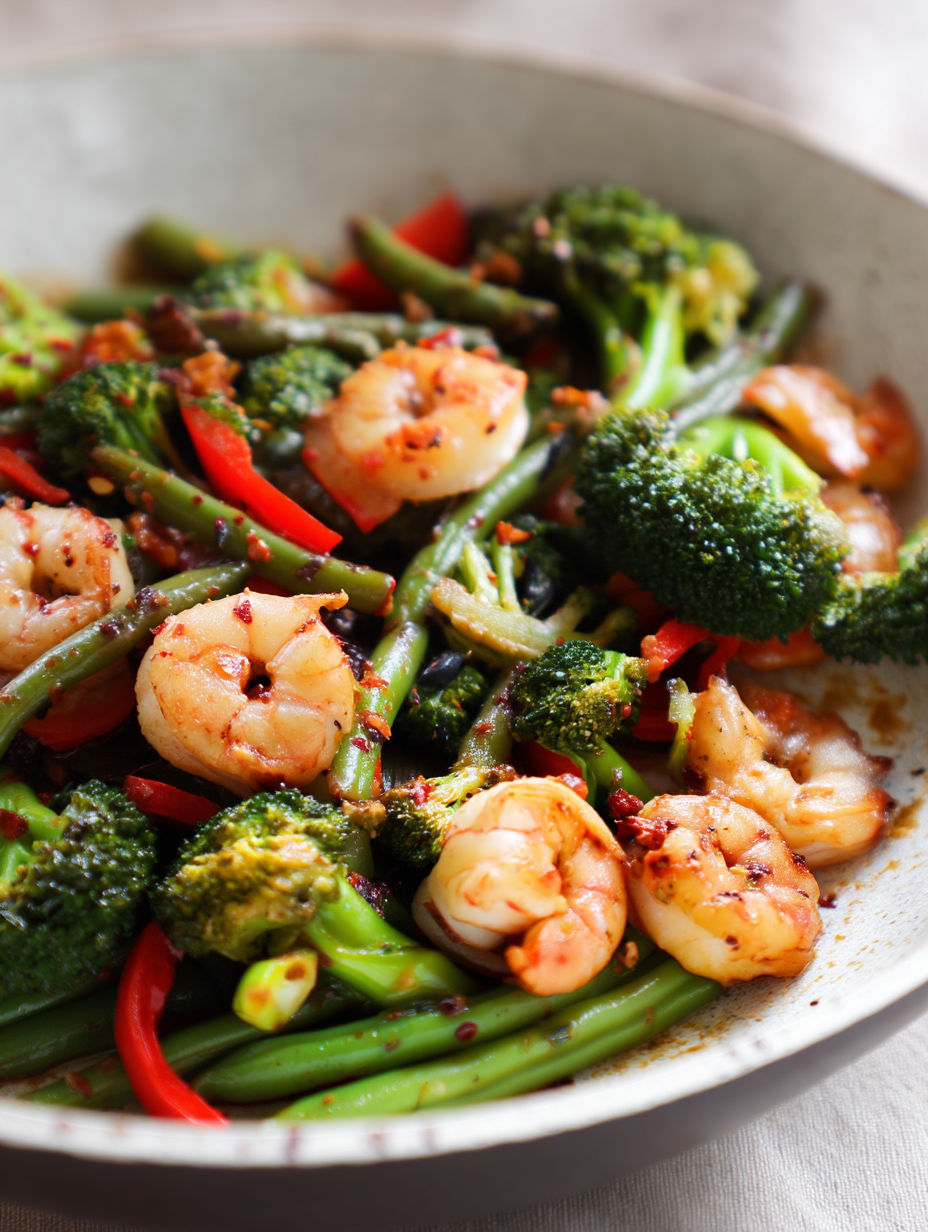 Ein Teller mit Garnelen und Brokkoli.
