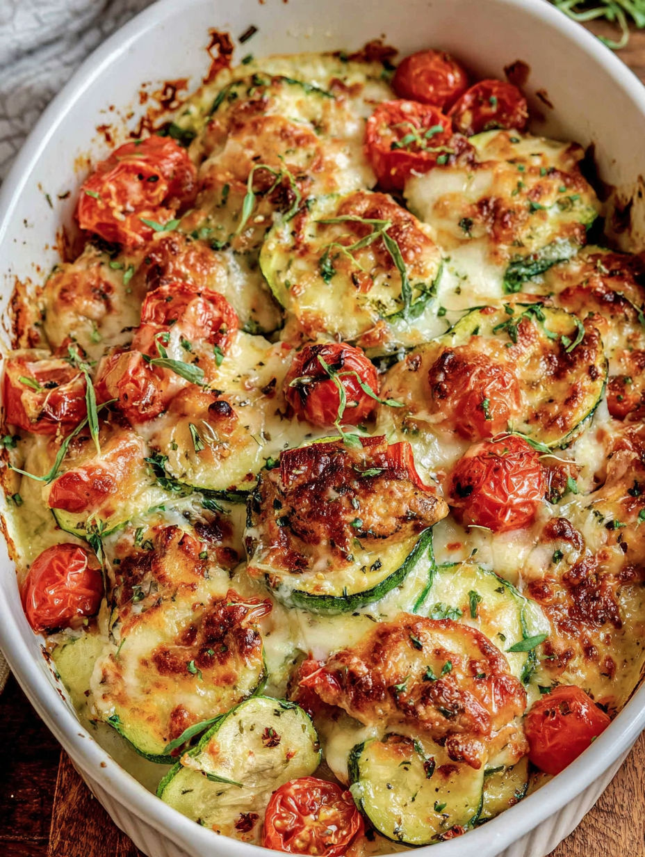 Ein köstlicher mediterraner Auflauf mit Hähnchen und Zucchini.