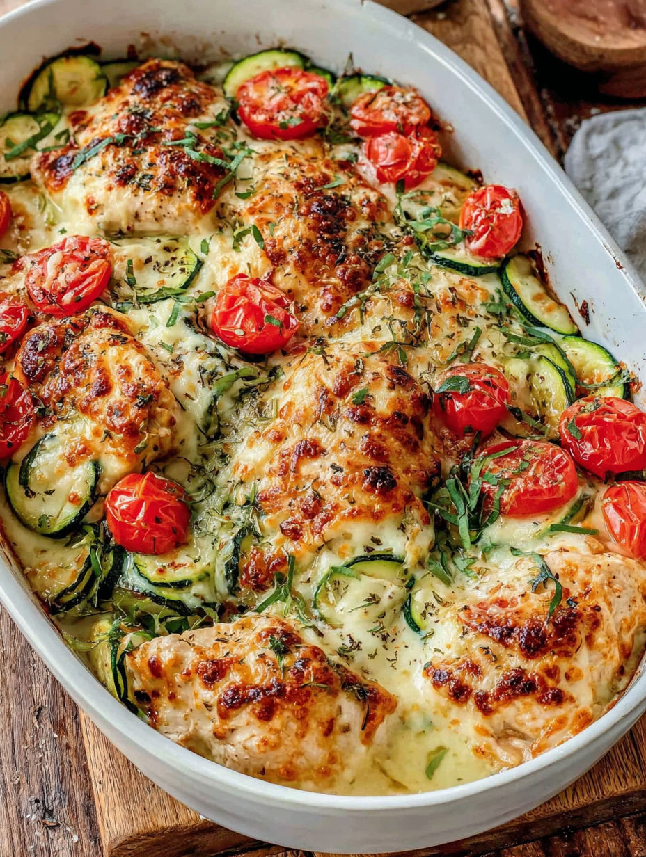 Ein Gericht mit Hähnchen und Zucchini.