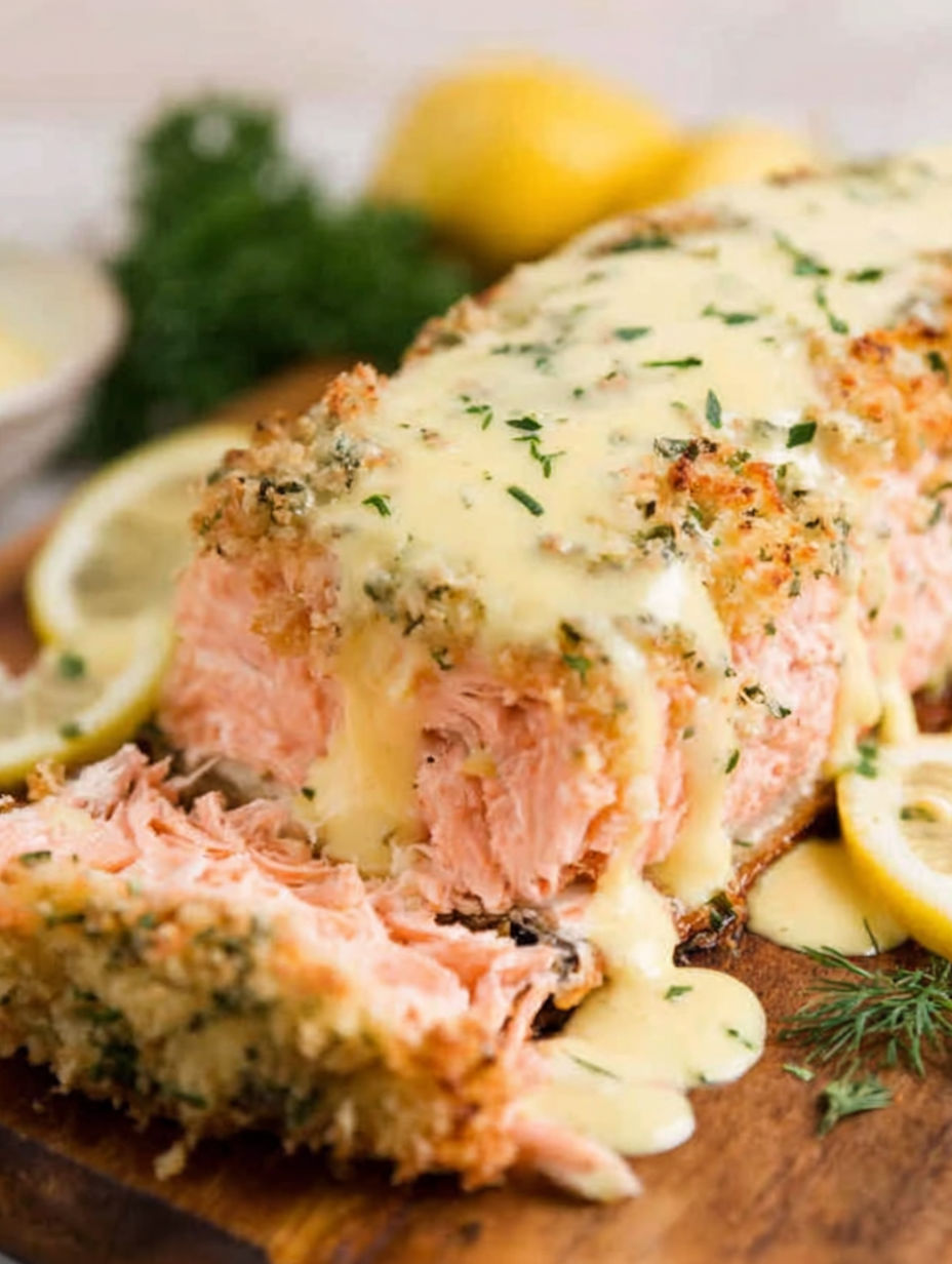 Ein Stück Fisch mit einem Zitronenschnitz oben drauf.