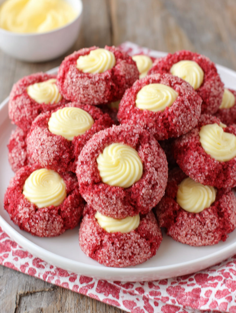 Ein Teller mit roten und weißen Keksen.