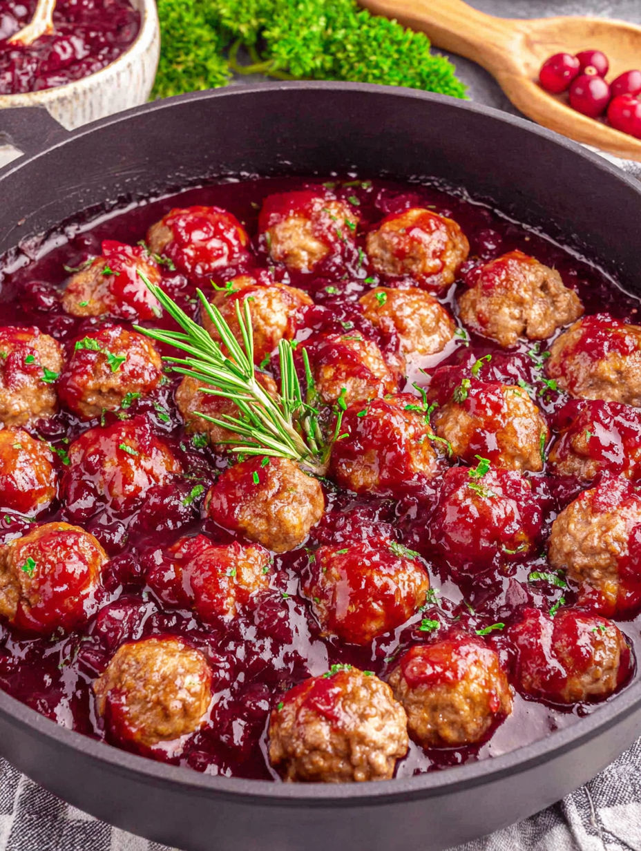 Eine Pfanne mit Fleischbällchen in roter Sauce.