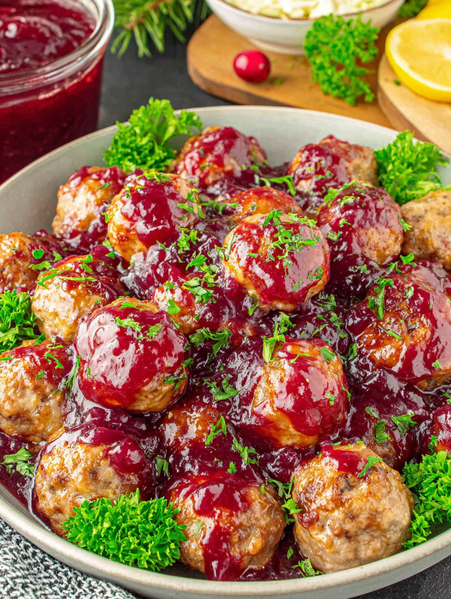 Eine Schüssel mit Fleischbällchen in Cranberry-Sauce.