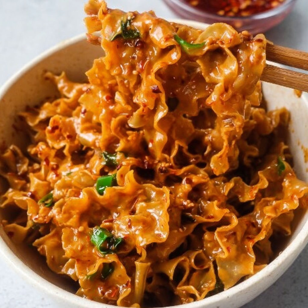 Eine Schüssel mit scharfen Erdnudeln.