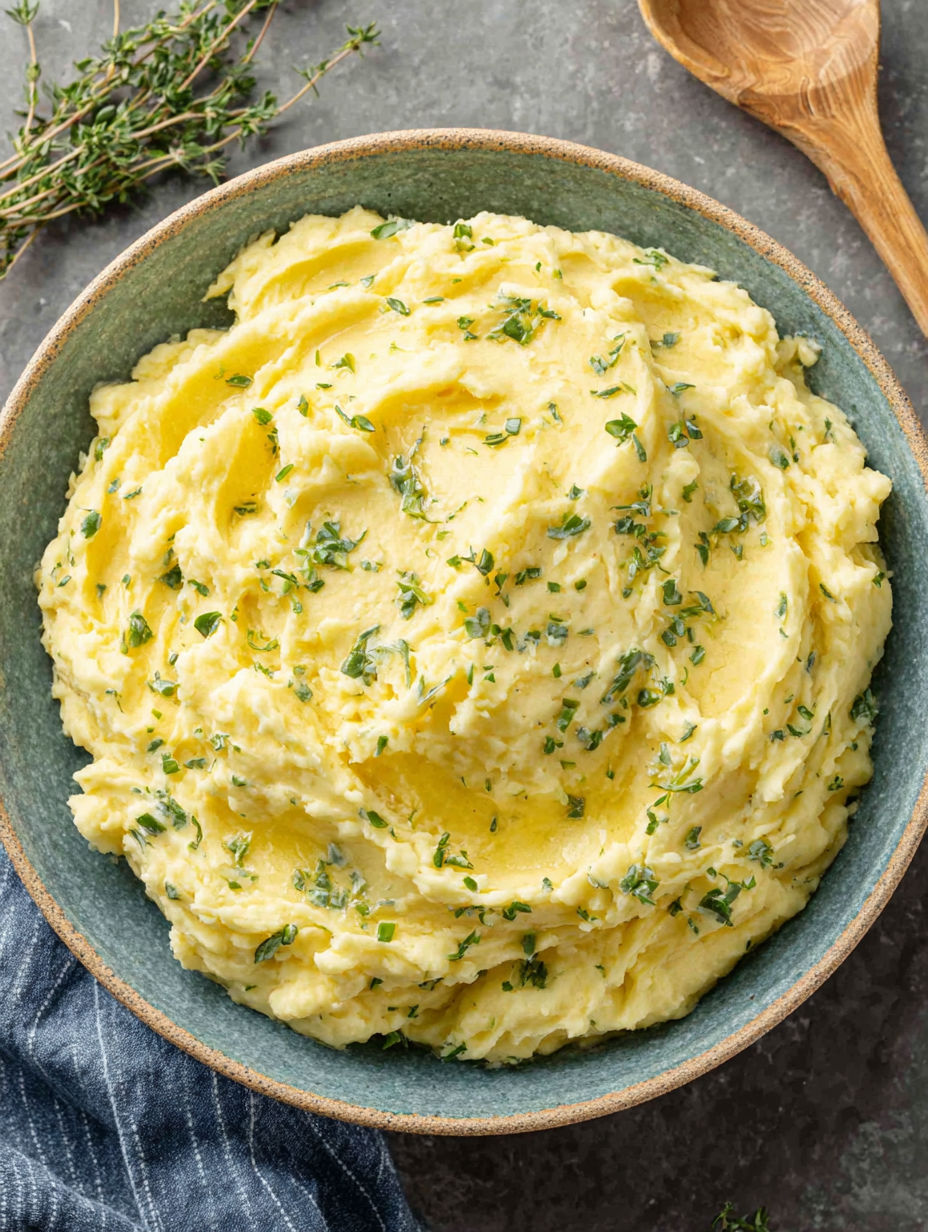 Eine Schüssel mit Stampfkartoffeln und Kräutern obendrauf.
