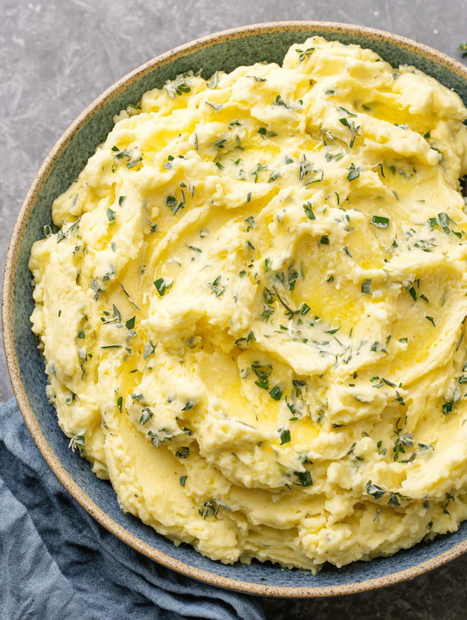 Eine Schüssel mit Stampfkartoffeln und Kräutern.