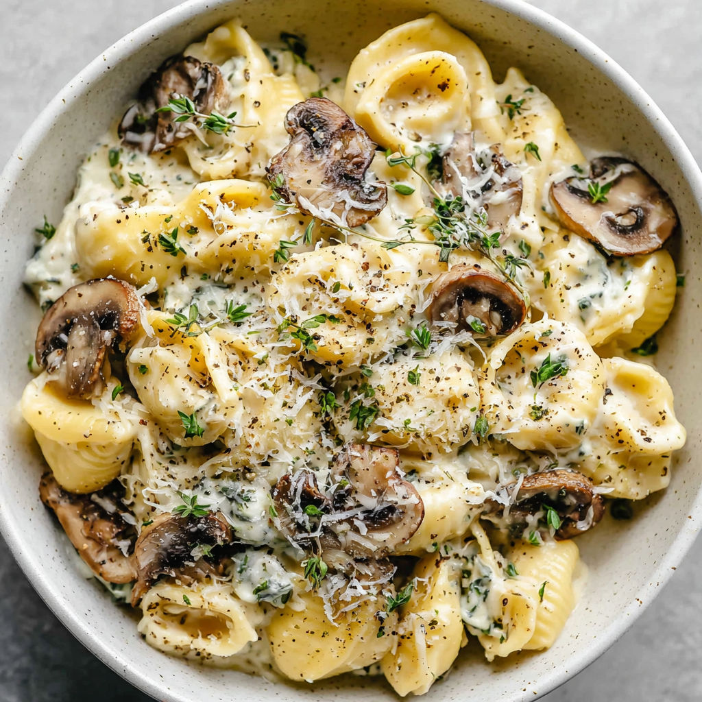 Eine Schüssel Pasta mit Champignons und Käse.