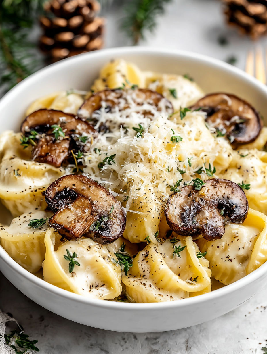 Eine Schüssel mit Pasta, Pilzen und Käse.