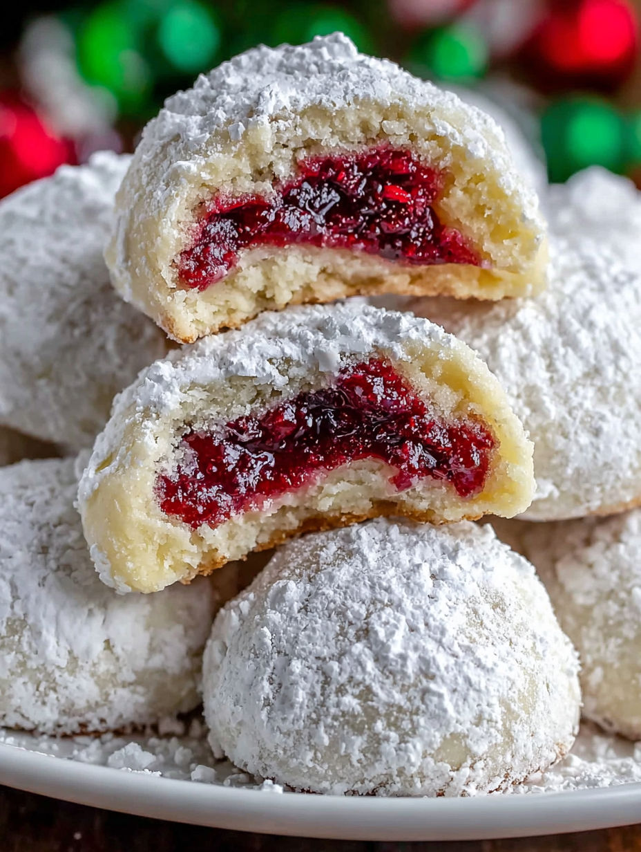 Ein Stapel mit Puderzucker bestäubten Donuts mit einer Marmeladefüllung.