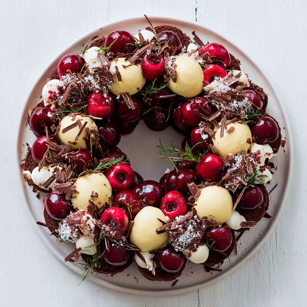 Ein Teller mit Schokolade- und Kirschdesserts.