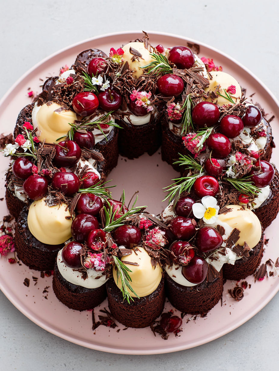 Ein Kuchen mit Schokolade und Kirschen obendrauf.