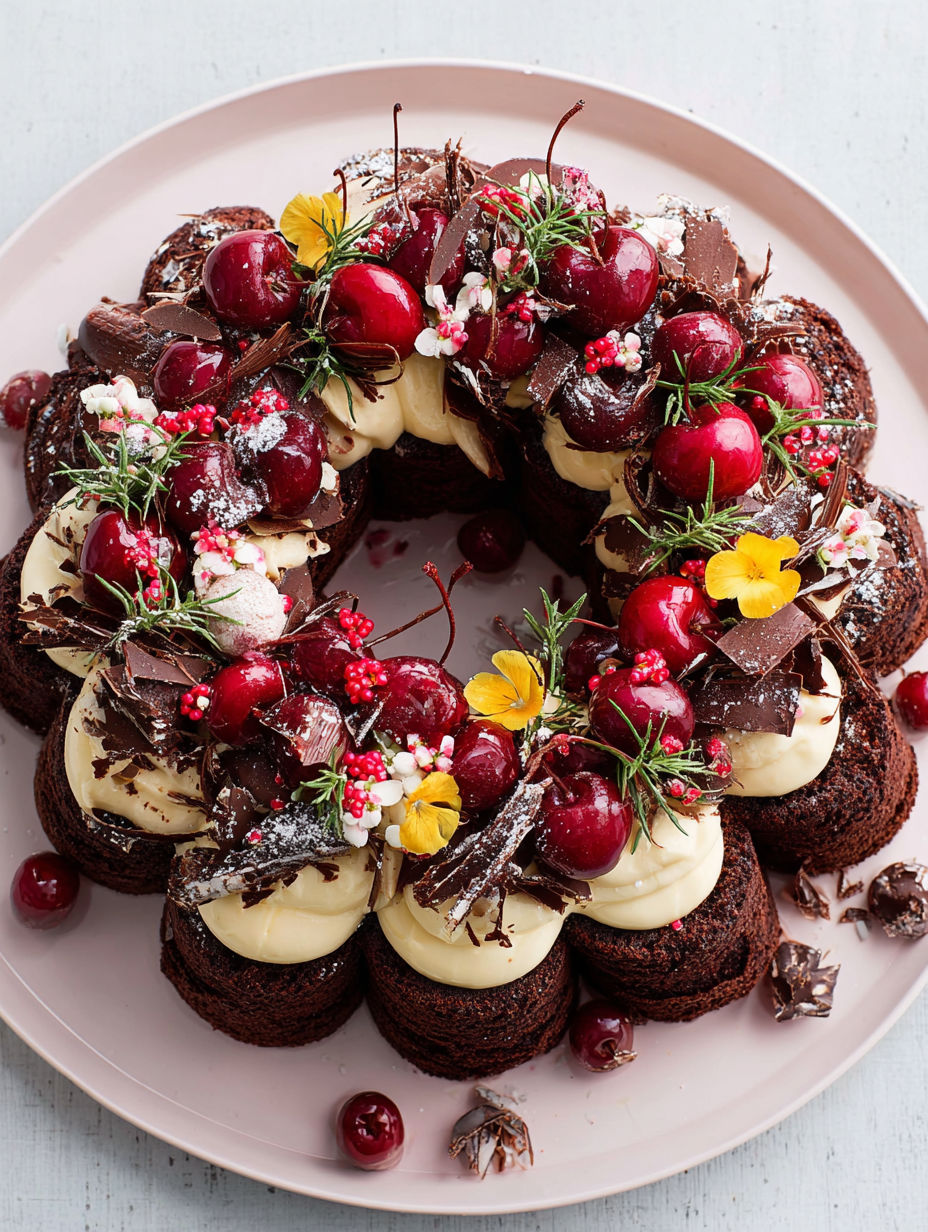 Ein Kuchen mit Schokoladenfrosting und fruchtigen Dekorationen.