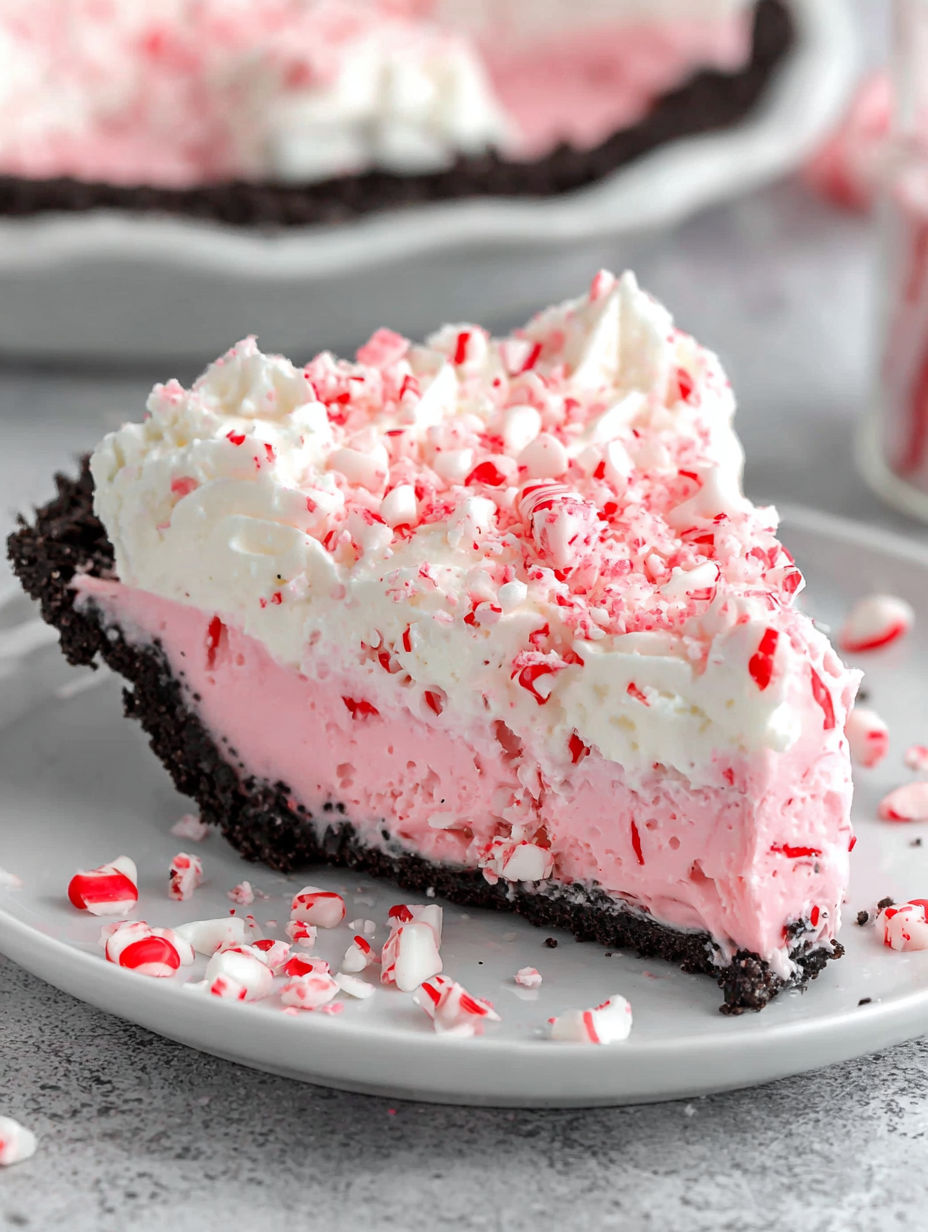 Ein Stück pinker Kuchen mit weißem Frosting und roten Zuckerstangen oben.