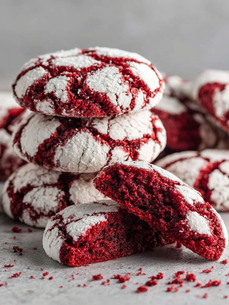 Ein Stapel von roten Samt-Krümel-Cookies.