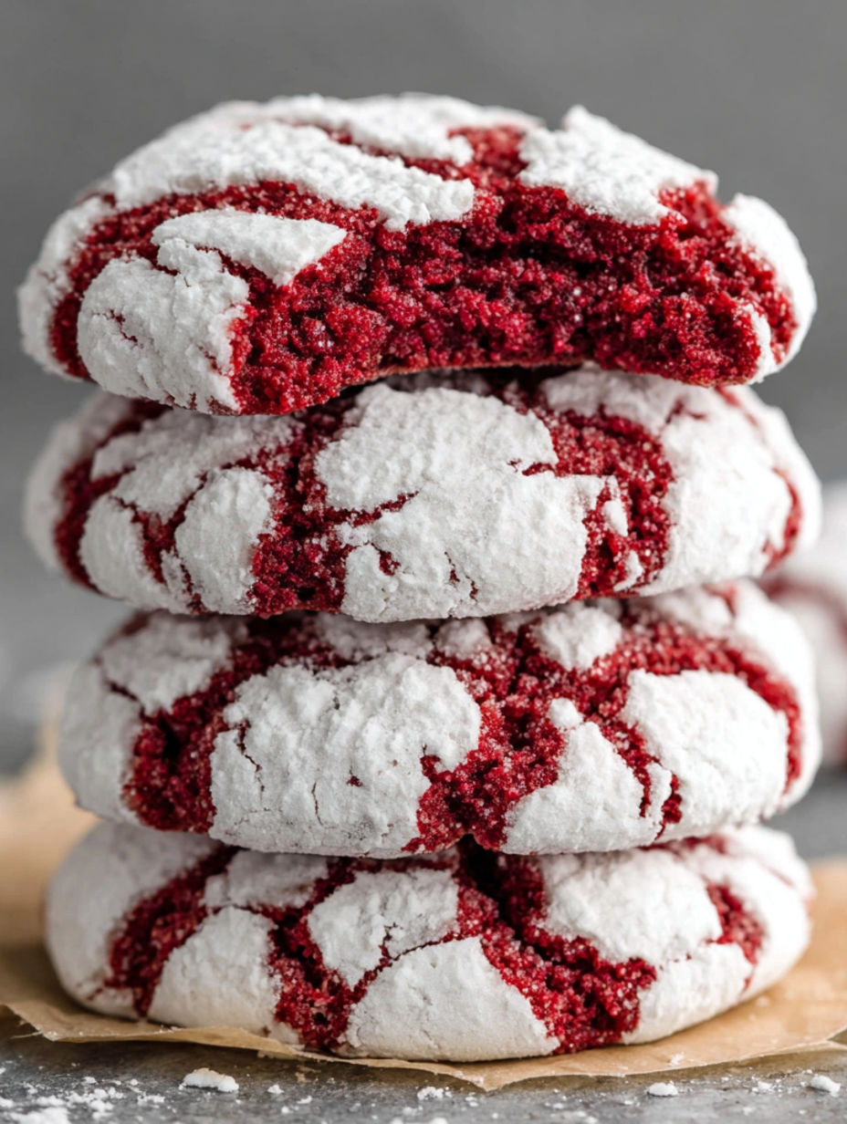 Rote Samt-Krümel Cookies übereinander gestapelt.