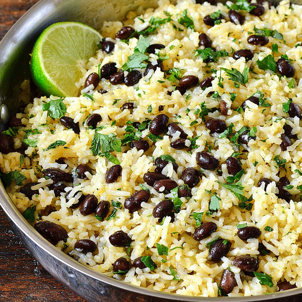 Eine Schüssel Reis mit schwarzen Bohnen und Koriander.