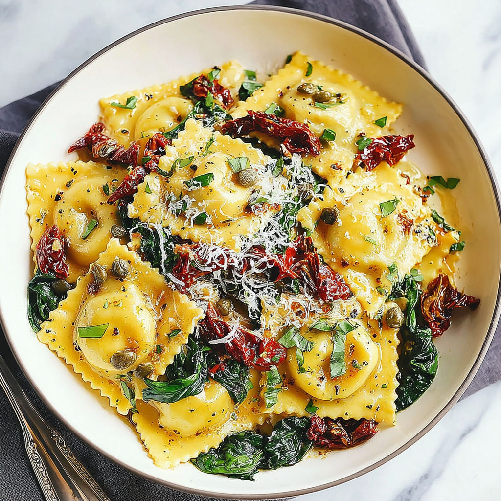 Eine Schale mit italienischen Ravioli, Spinat, Artischocken, Kapern und sonnenggetrockneten Tomaten.