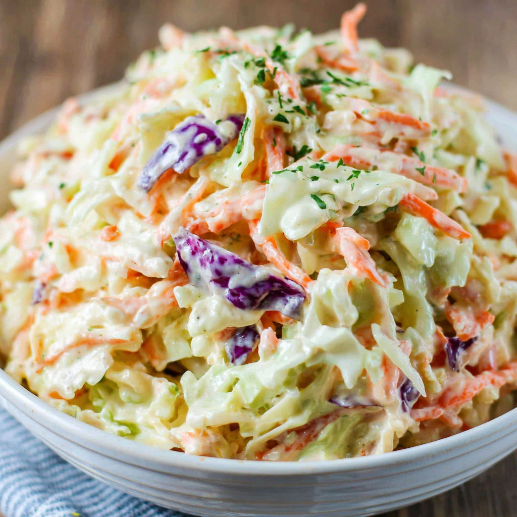 Eine weiße Schüssel gefüllt mit Krautsalat.