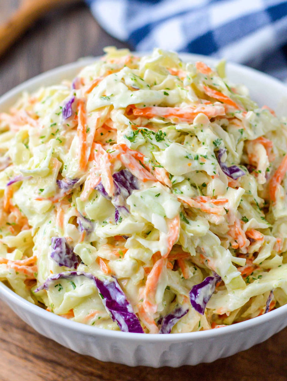 Eine Schüssel Coleslaw mit einer grünen Garnitur.