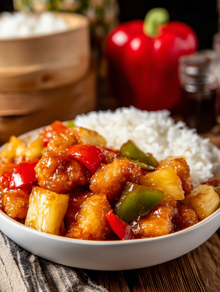 Eine Schale mit süß-saurem Hähnchen.