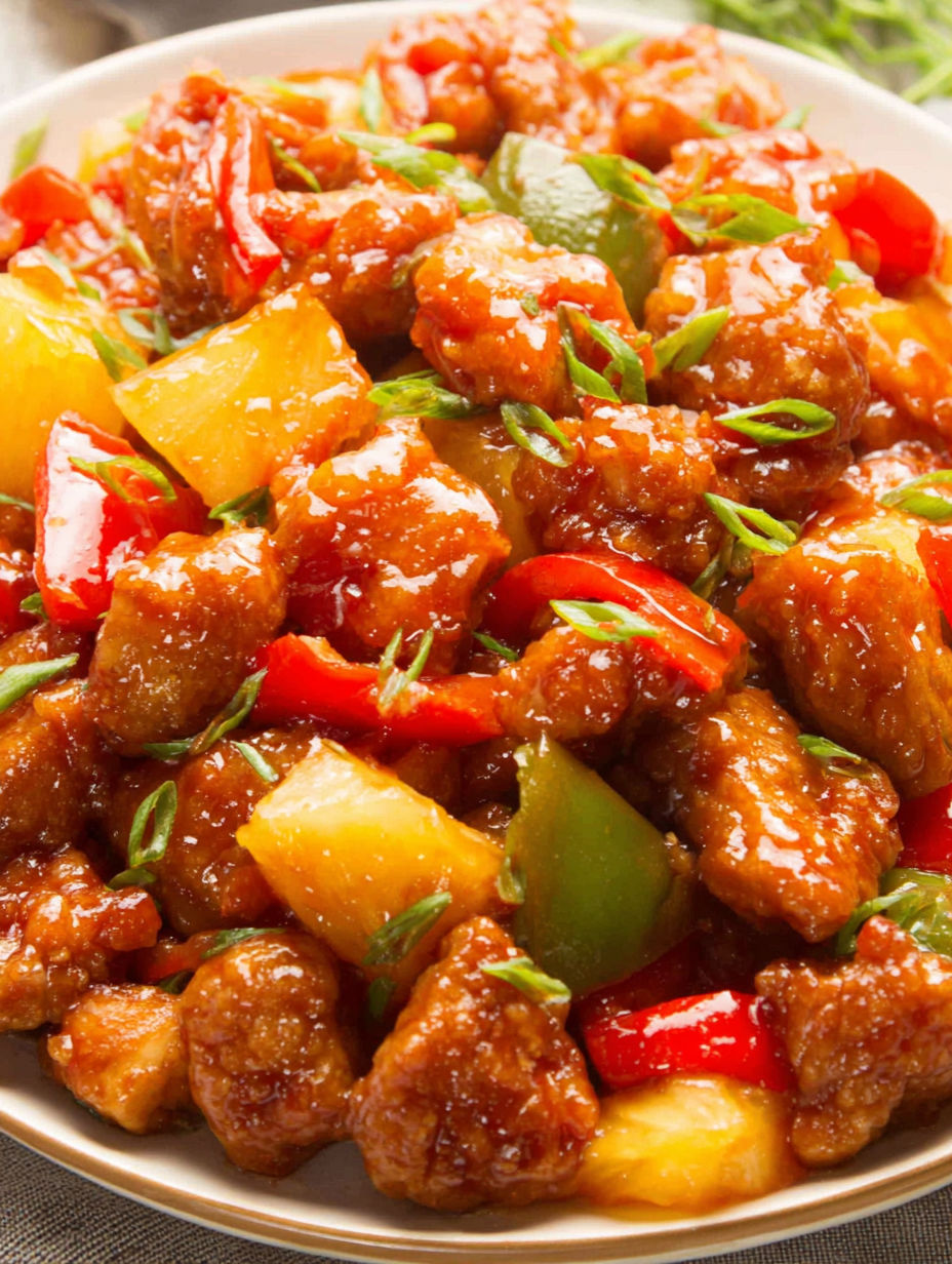 Ein Teller mit süß-saurem Hähnchen.