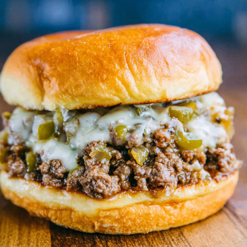 Ein Sloppy Joe Sandwich mit Käse auf einem Brötchen.