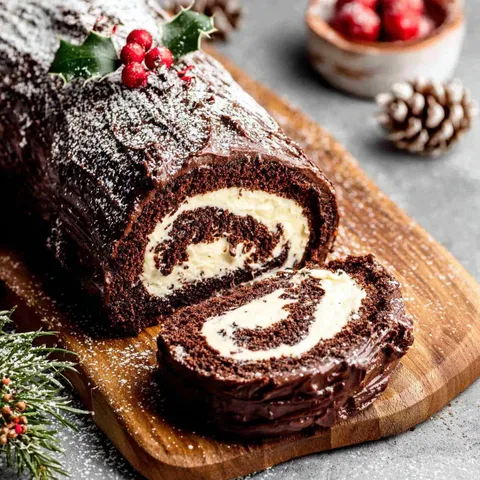 Eine Schokoladen-Buche auf einem Holzbrett.