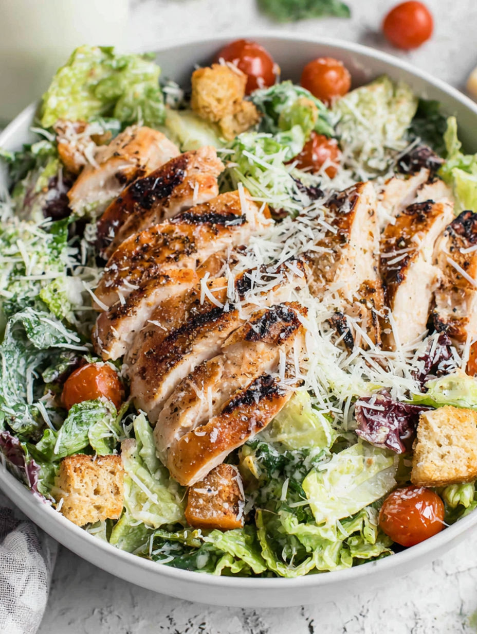Eine Schüssel mit gegrilltem Hähnchen-Caesar-Salat.