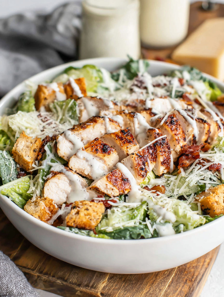 Eine Schüssel mit gegrilltem Hähnchen-Caesar-Salat.